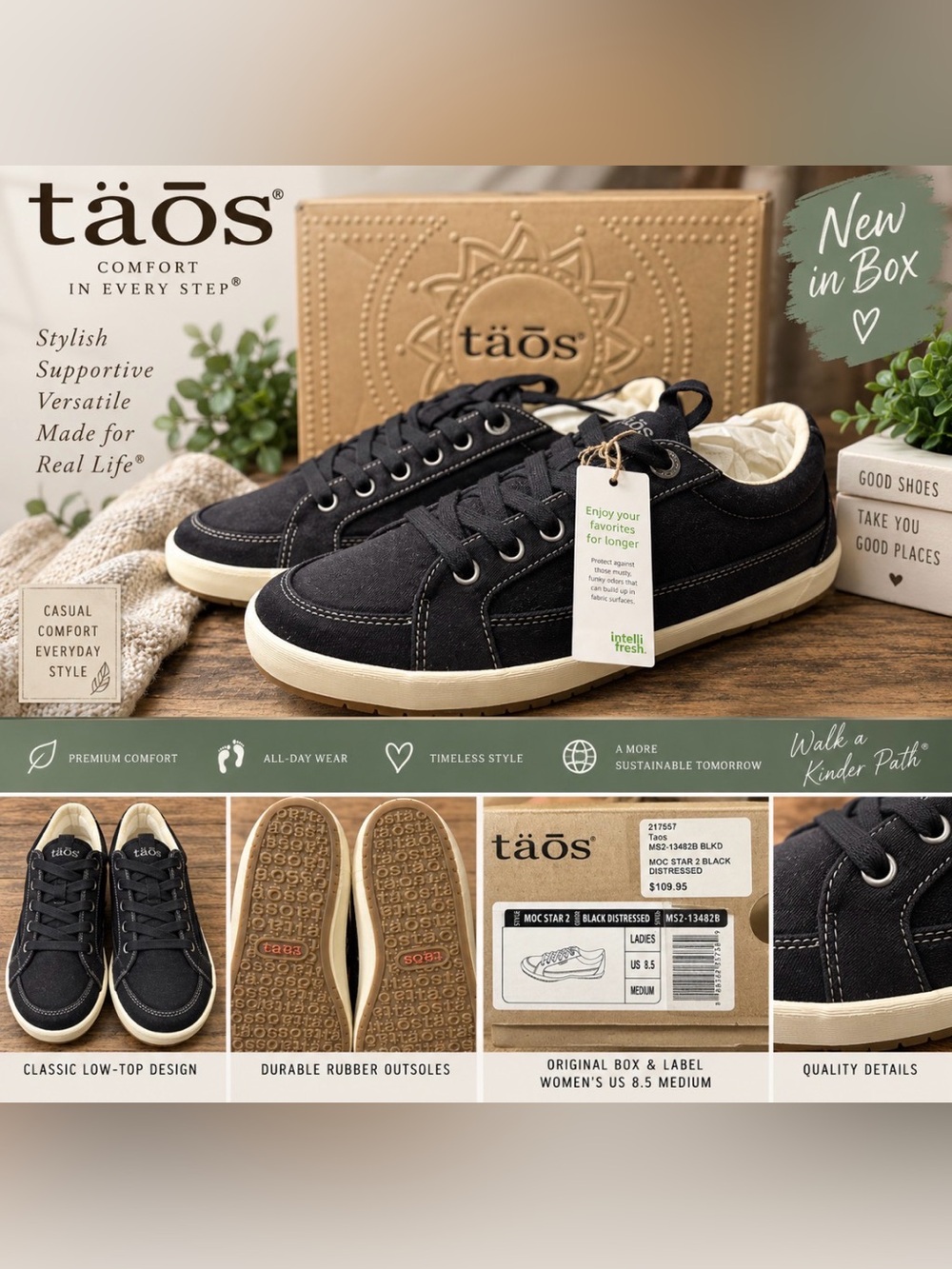 Taos Moc Star 2 Women’s 8.5 Black Distressed Canvas Sneakers Shoes NIB